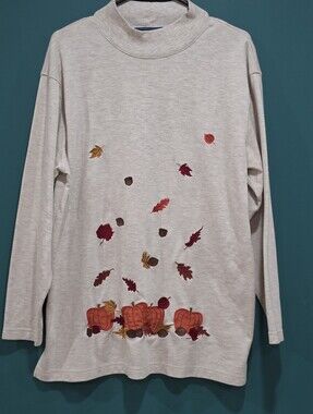 Karen Scott Embroidered Pumpkin Mock Neck Fall Top Size L 🎃🍂